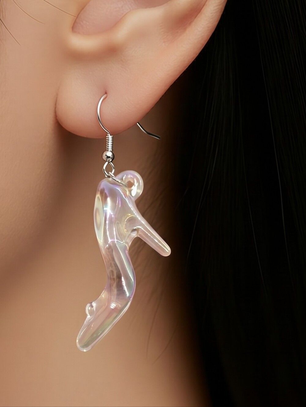 Iridescent Glass Slipper Dangle Earrings Fairy Tale Princess Clear Statement